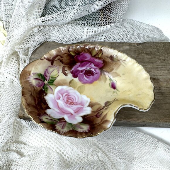 Antique Lefton China Rose Shell Dish With Pink & Purple Floral Design - Picture 6 of 8